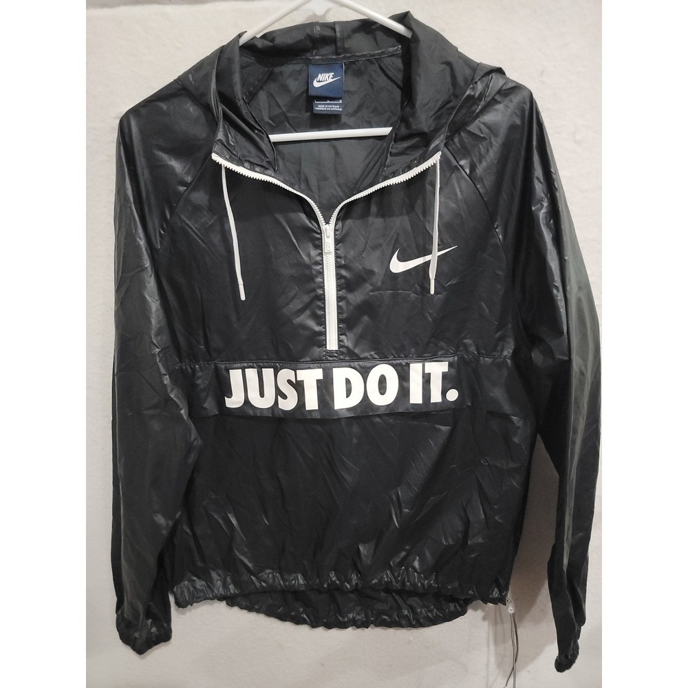 Nike Women's Large Windbreaker Black‎ White Just Do It Quarter-Zip 725818-010